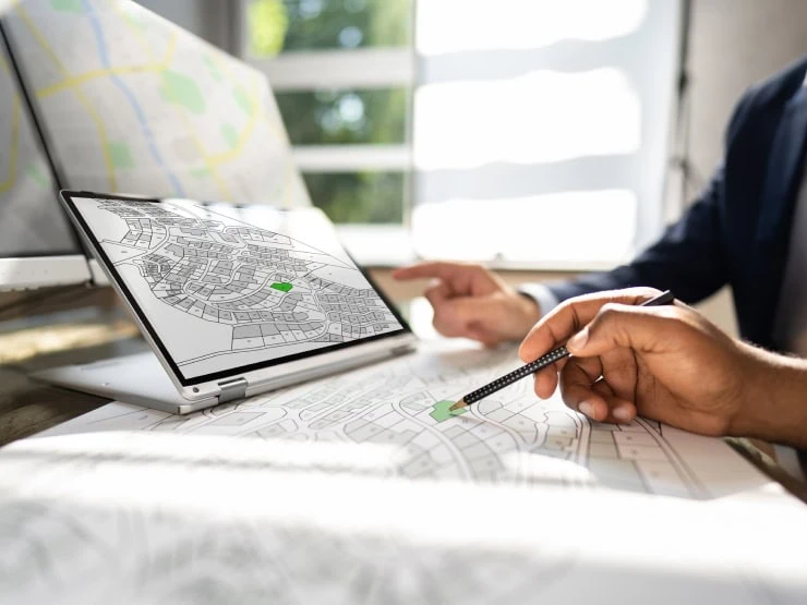 A closeup on the hands of two people as they review a plat of land or properties.